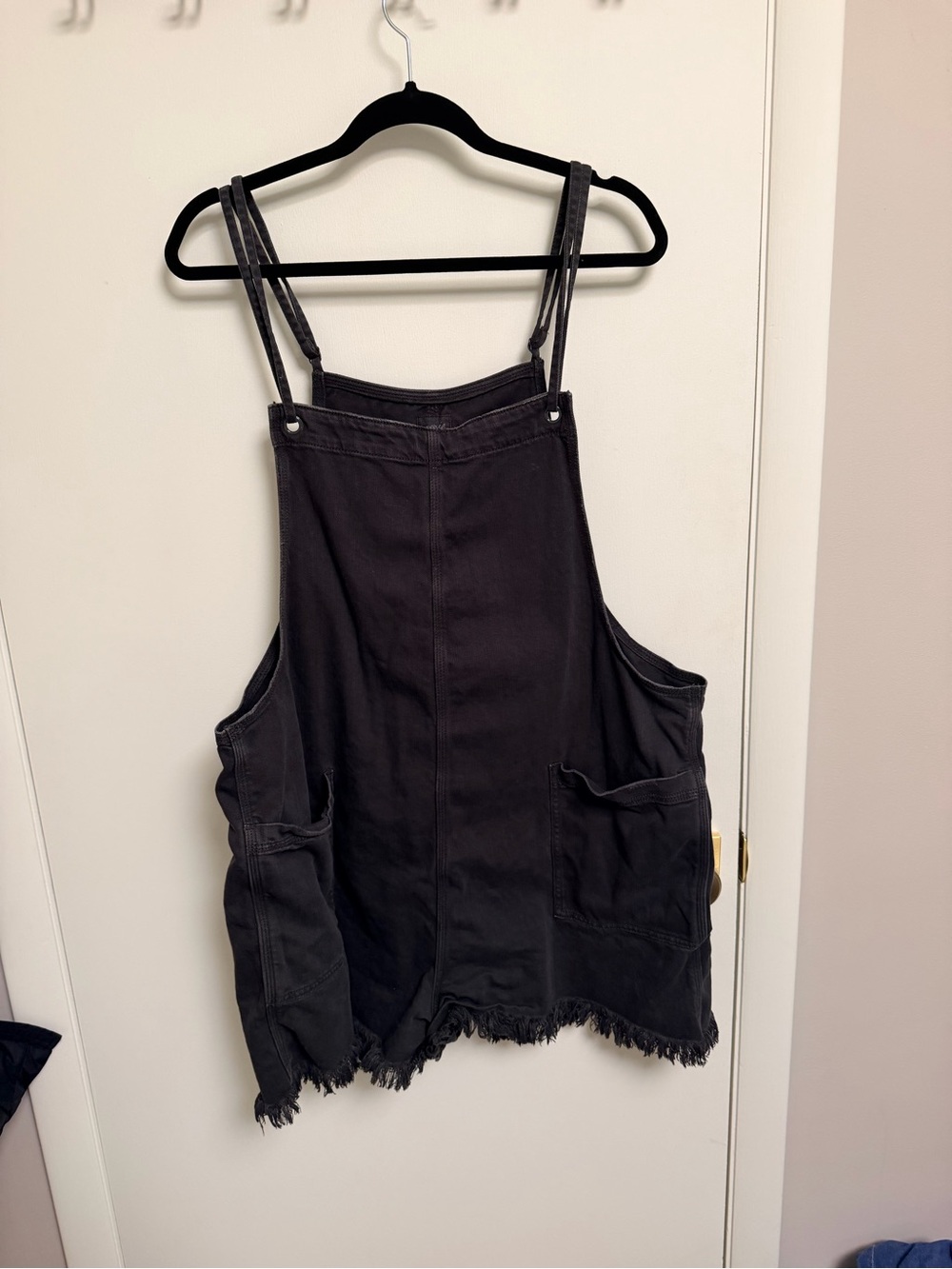 aerie Black Frayed-Hem Denim Overall Dress